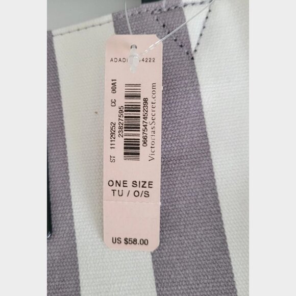 Victoria's Secret Striped Gray White Weekender Bag Travel Canvas Large Tote New - Picture 2 of 5